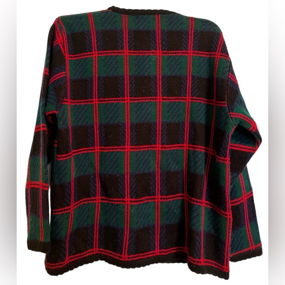 Vintage Tally Ho Sweater Women's Medium Cardigan Green Blue Red Plaid Pockets - Picture 2 of 4
